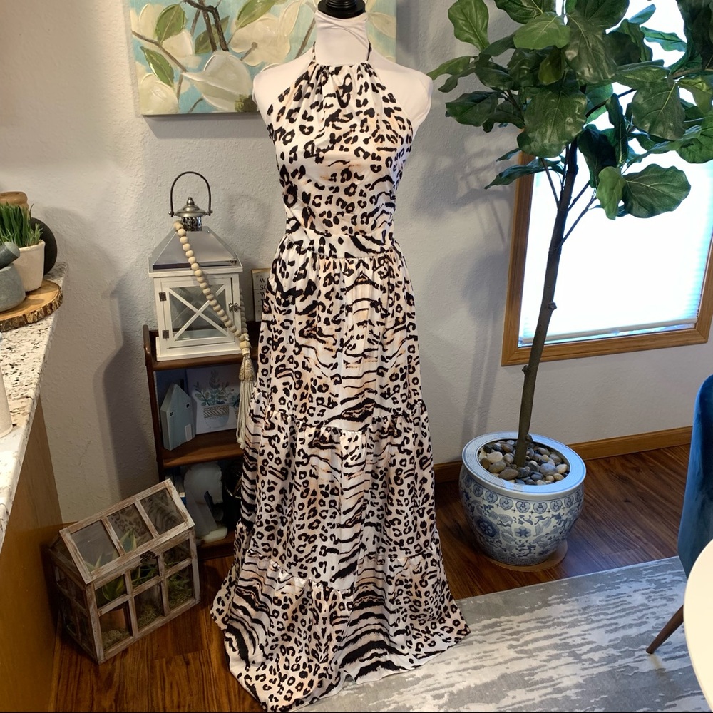 XL Leopard Backless Ruffle Tiered Halter Maxi Dress